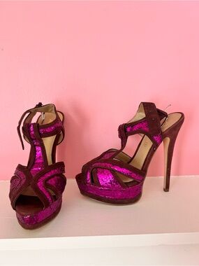 Fuchsia Sequin Leather Platform High Heel Sandals - Women's Aldo